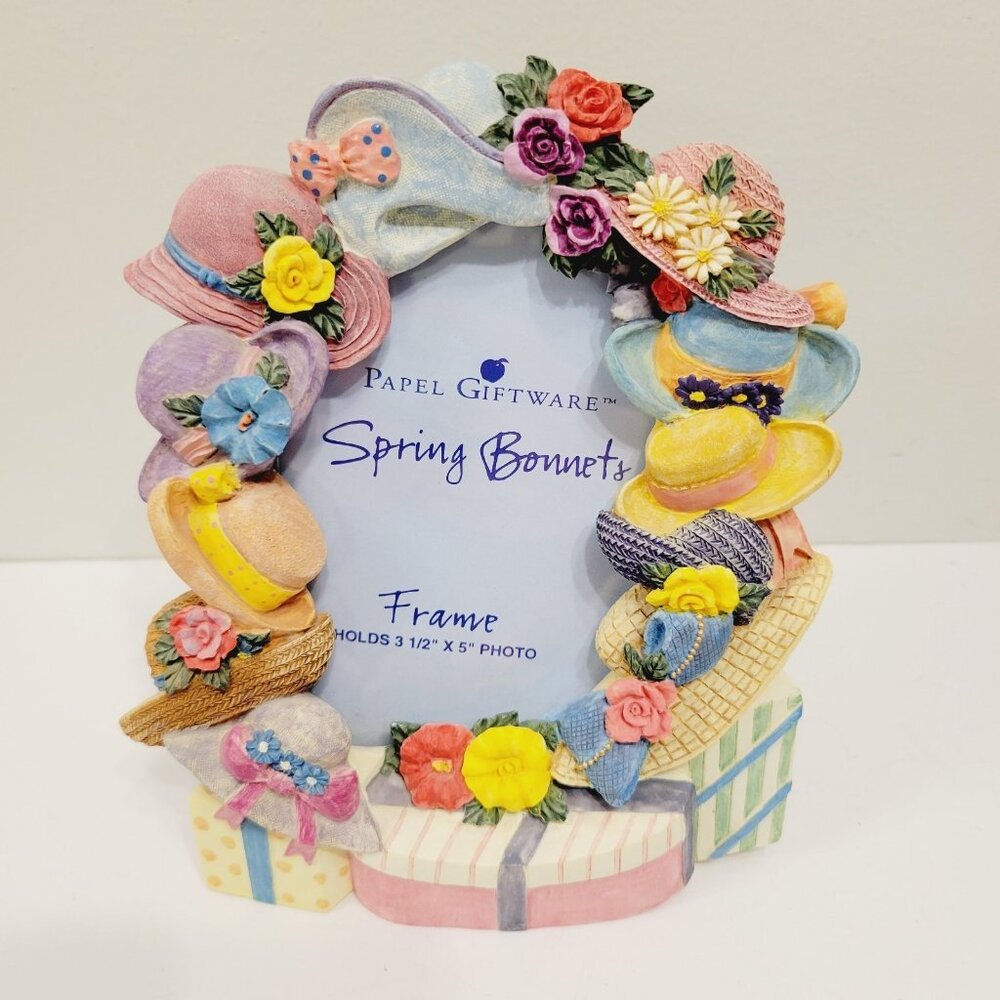 Vtg Papel Giftware Spring Floral Hat Cap Bonnets Resin Photo Picture Frame